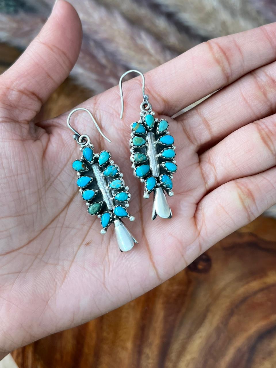 Handmade Sterling Silver Kingman Turquoise Hook Dangle Squash Blossom Earrings "Signed Nizhoni"
