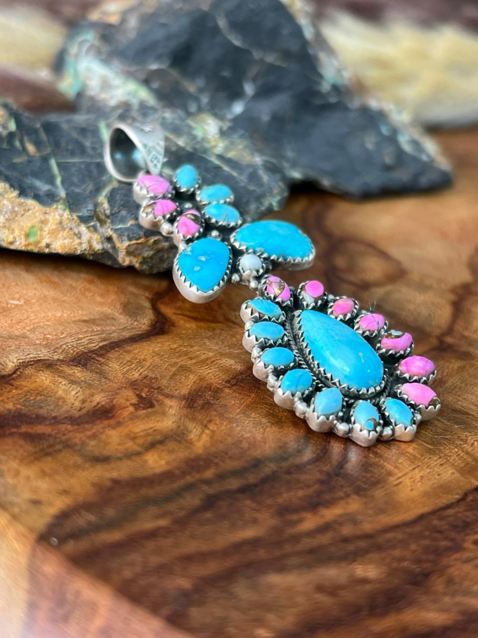 Handmade Sterling Silver Sierra Bella Turquoise with Cotton Candy Collection: Pendant "Signed Nizhoni"