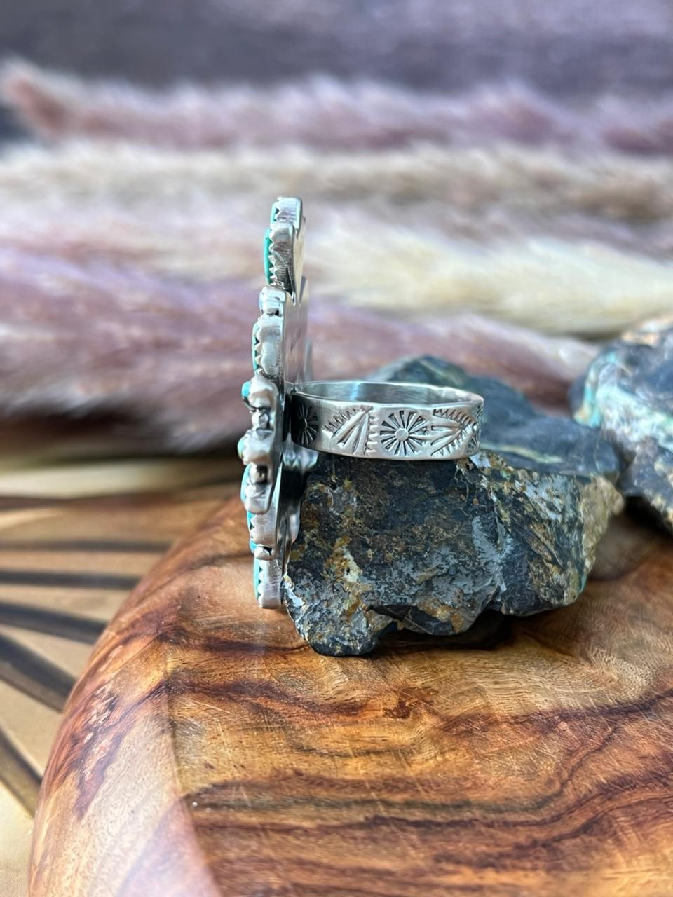 Handmade Sterling Silver Kingman Turquoise Flower Adjustable Ring "Signed Nizhoni"