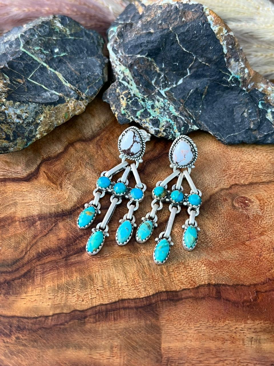 Handmade Sterling Silver Kingman Turquoise with Wildhorse Magnesite Post Dangle Earrings "Signed Nizhoni"