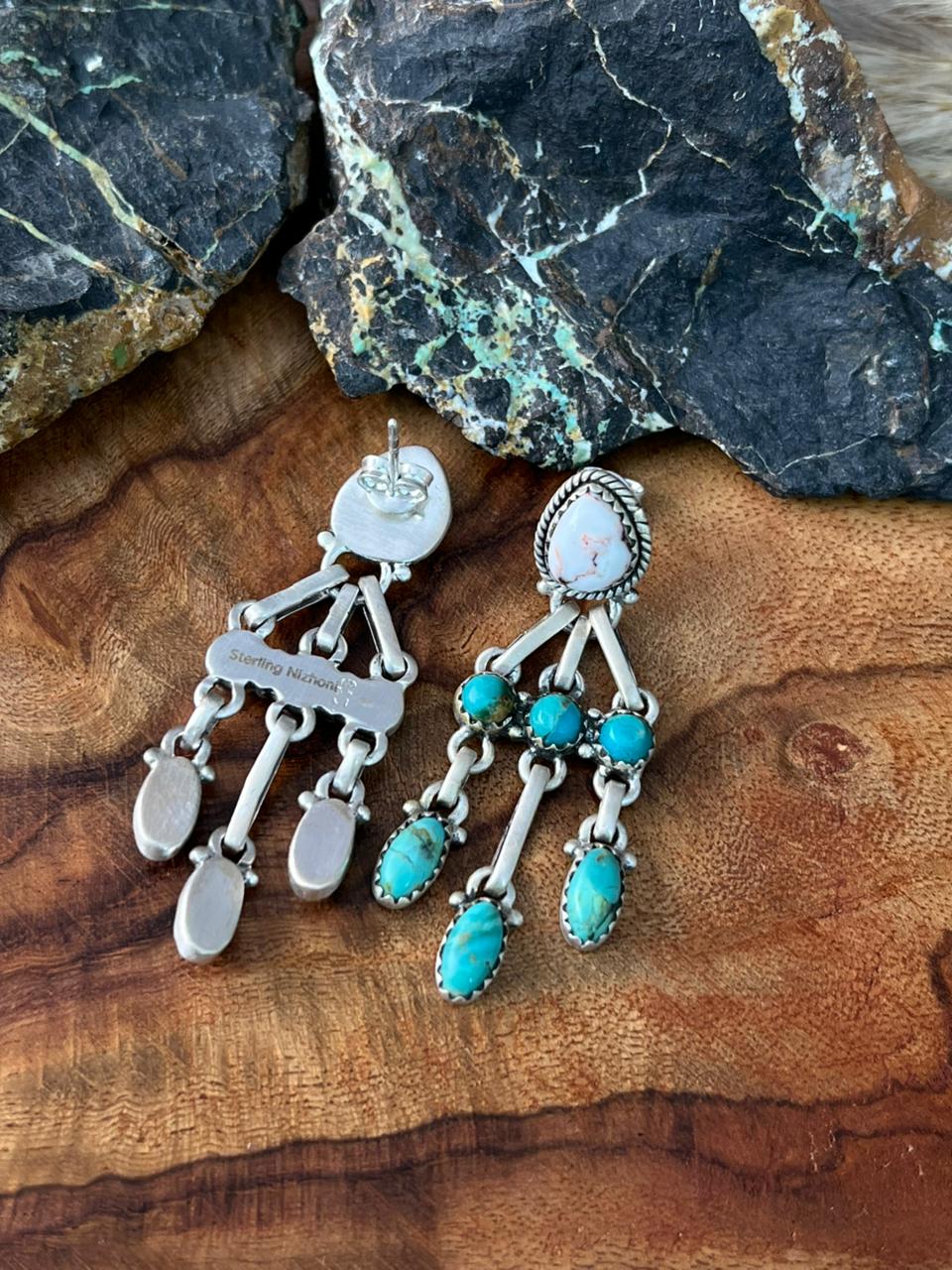 Handmade Sterling Silver Kingman Turquoise with Wildhorse Magnesite Post Dangle Earrings "Signed Nizhoni"