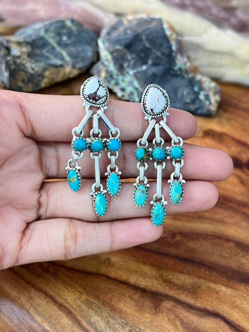 Handmade Sterling Silver Kingman Turquoise with Wildhorse Magnesite Post Dangle Earrings "Signed Nizhoni"