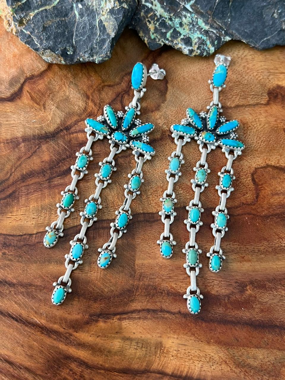 Handmade Sterling Silver Kingman Turquoise Post Dangle Earrings "Signed Nizhoni"