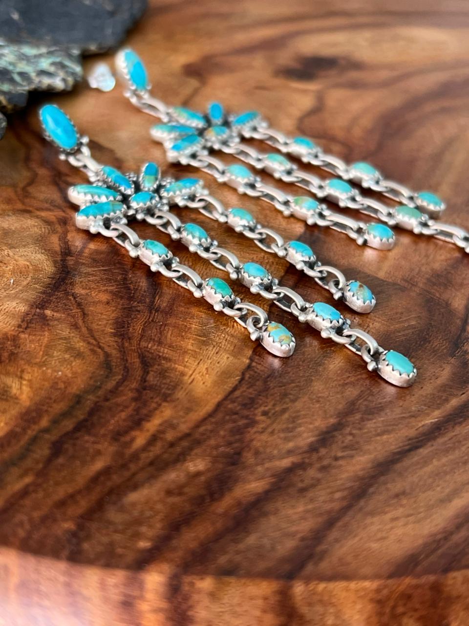 Handmade Sterling Silver Kingman Turquoise Post Dangle Earrings "Signed Nizhoni"