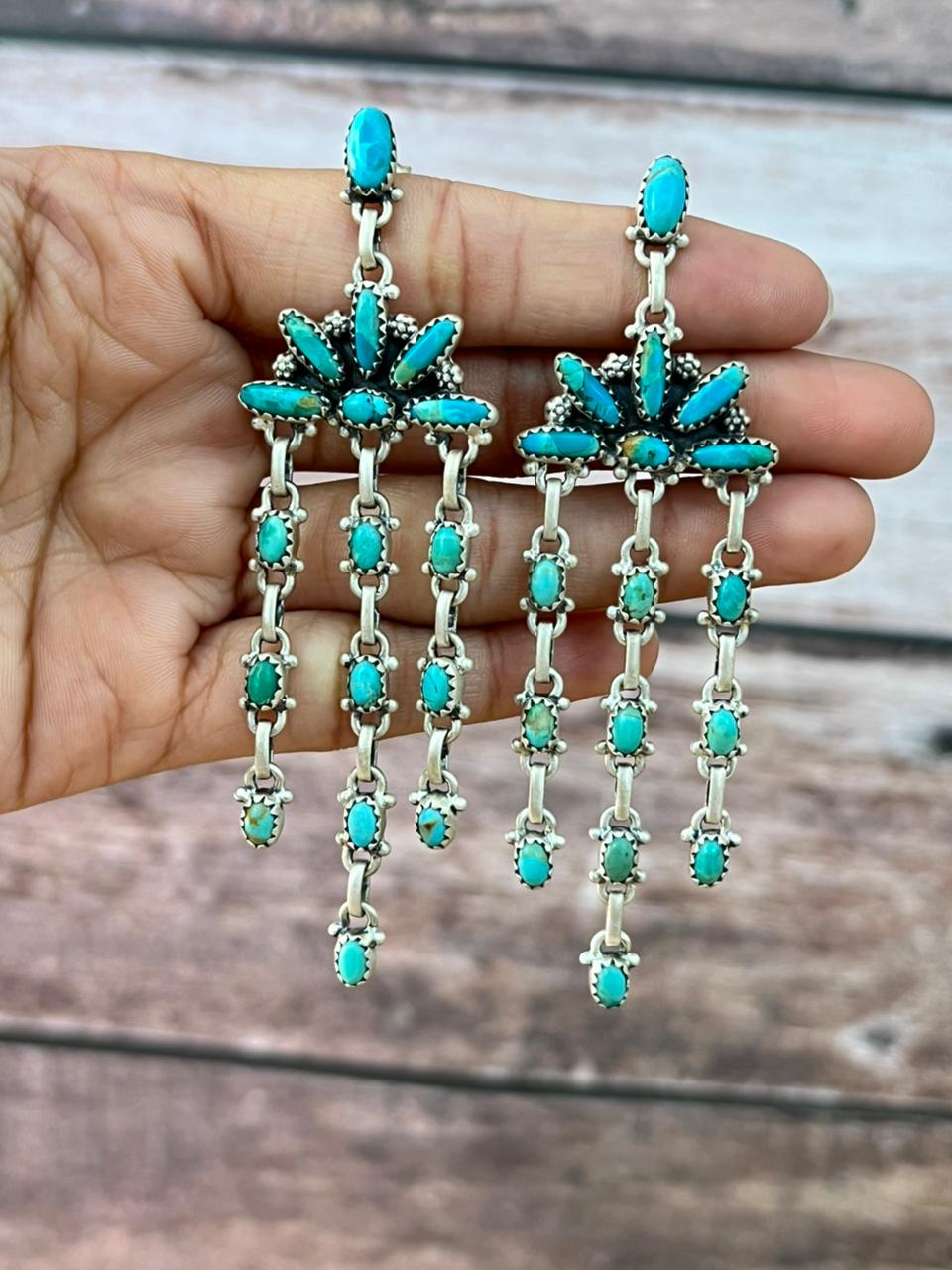 Handmade Sterling Silver Kingman Turquoise Post Dangle Earrings "Signed Nizhoni"