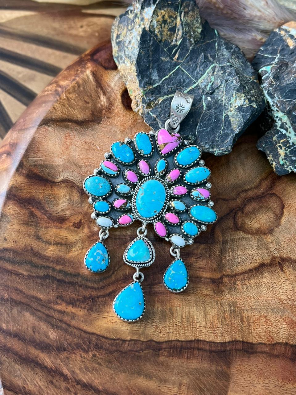 Handmade Sterling Silver Sierra Bella Turquoise with Cotton Candy Collection: Pendant "Signed Nizhoni"
