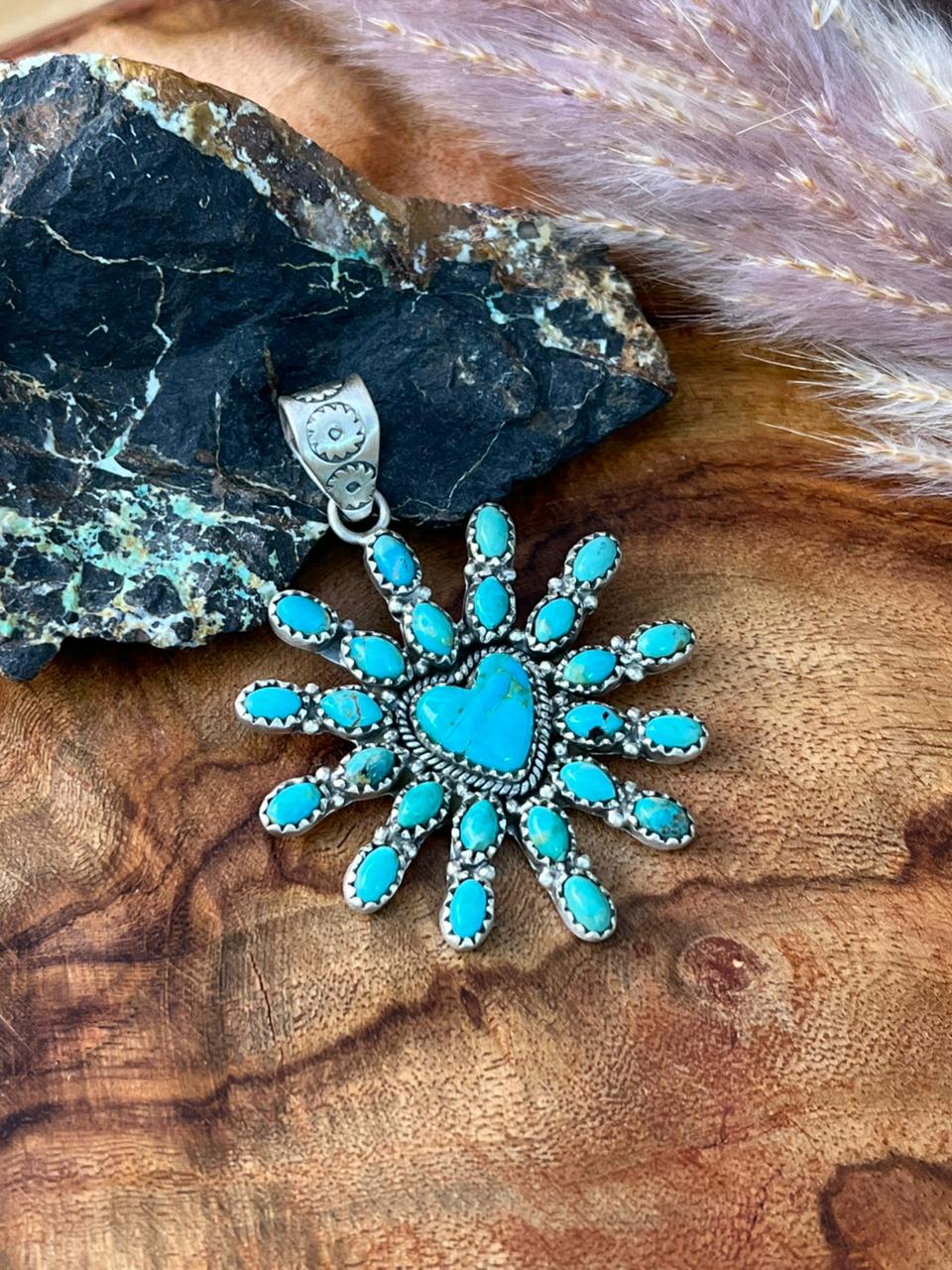 Handmade Sterling Silver Kingman Turquoise Heart Pendant "Signed Nizhoni"