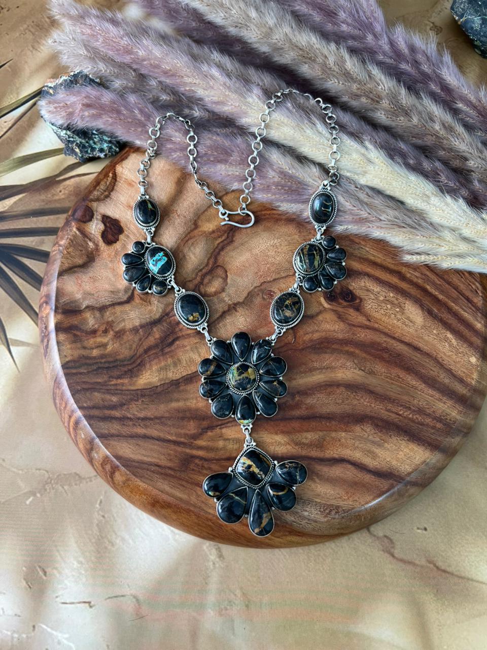 Handmade Sterling Silver Blackjack Turquoise Necklace "Signed Nizhoni"