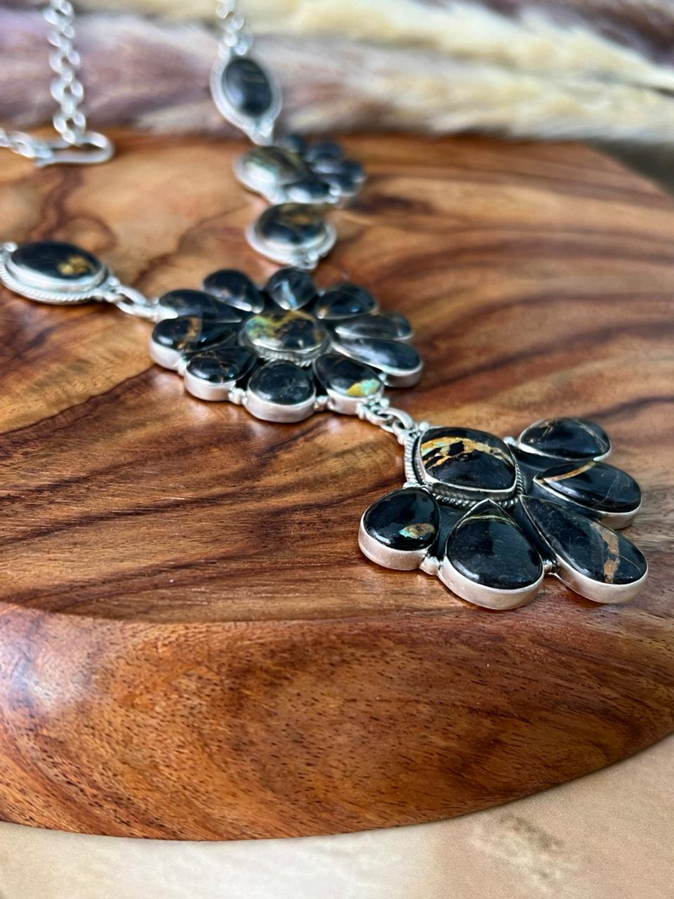 Handmade Sterling Silver Blackjack Turquoise Necklace "Signed Nizhoni"