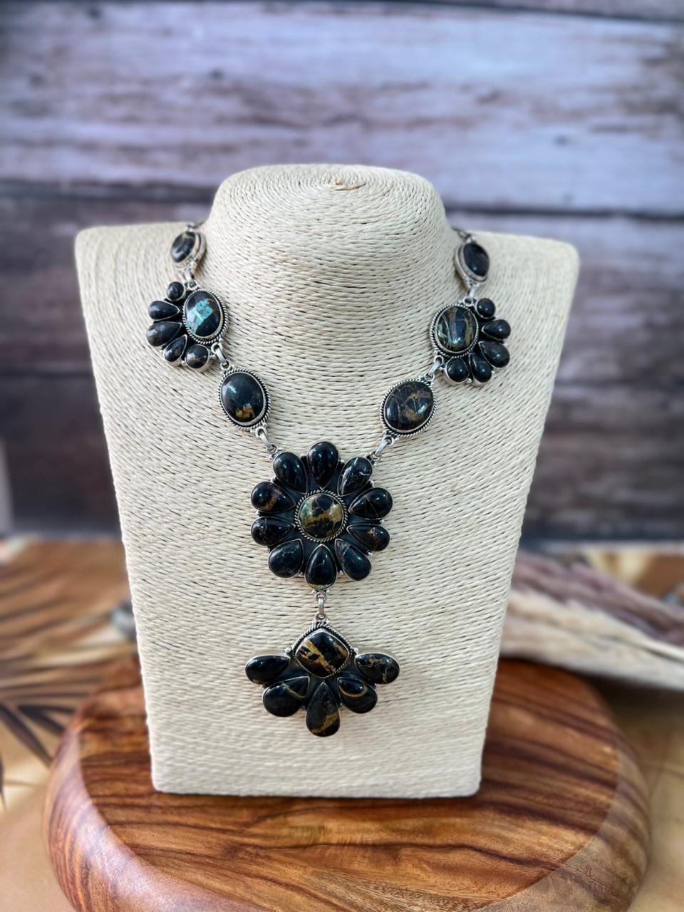 Handmade Sterling Silver Blackjack Turquoise Necklace "Signed Nizhoni"