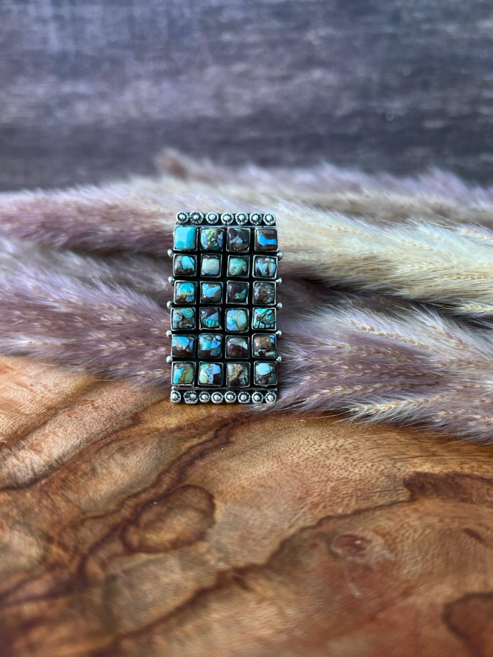 Handmade Sterling Silver Matrix Golden Hills Turquoise Adjustable Ring "Signed Nizhoni"