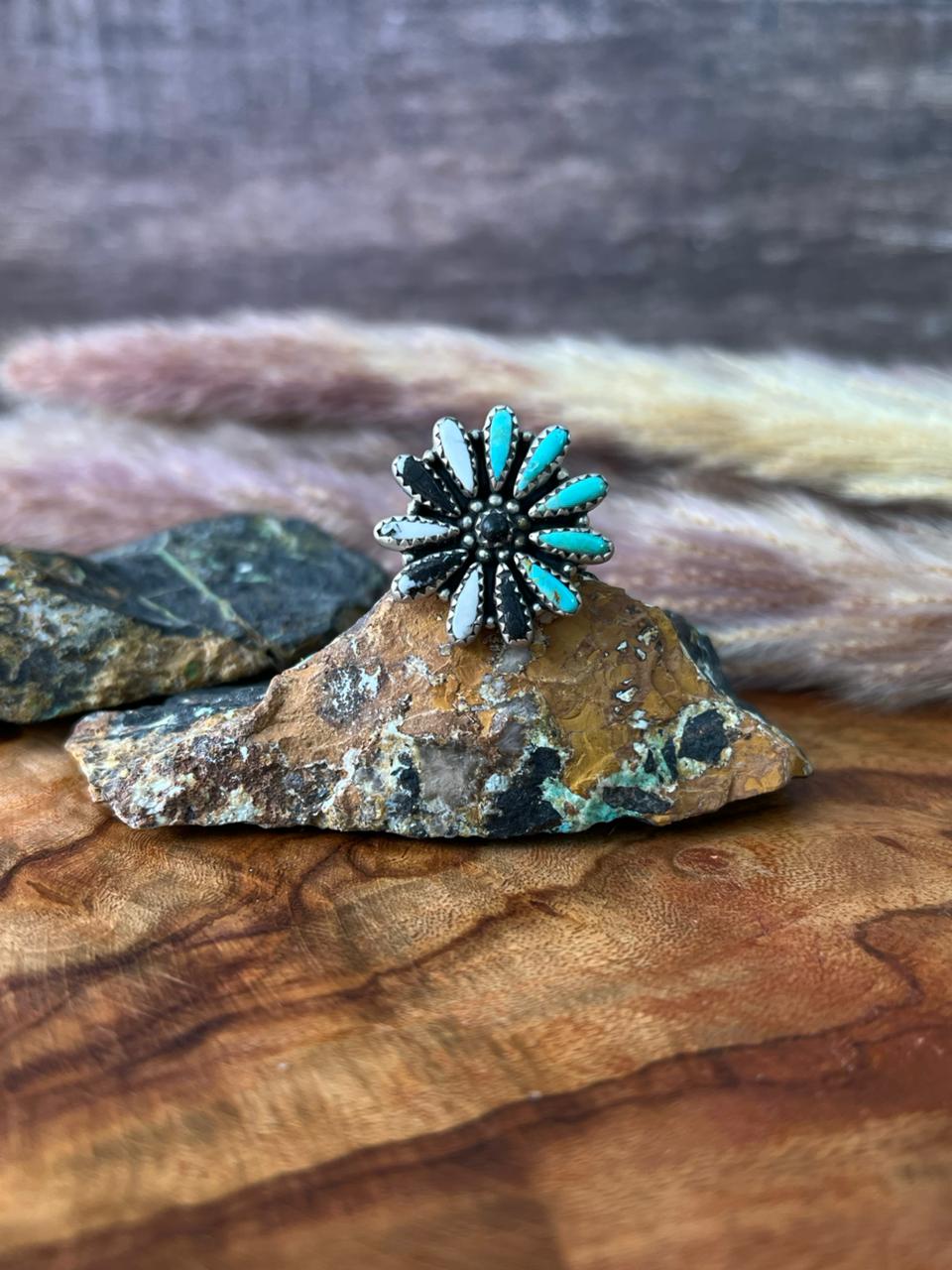 Handmade Sterling Silver Kingman Turquoise with White Buffalo Adjustable Ring "Signed Nizhoni"