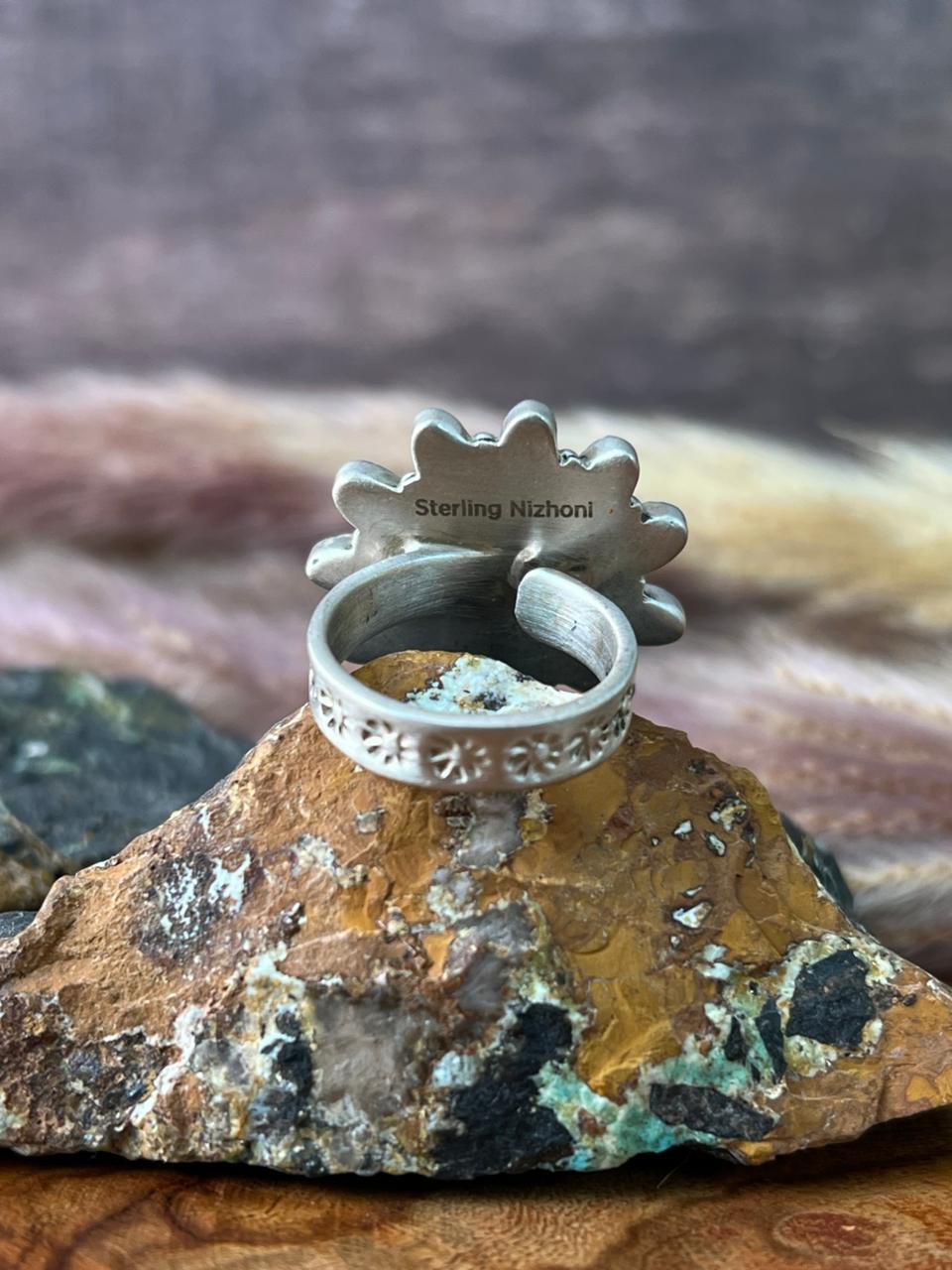 Handmade Sterling Silver Kingman Turquoise with White Buffalo Adjustable Ring "Signed Nizhoni"