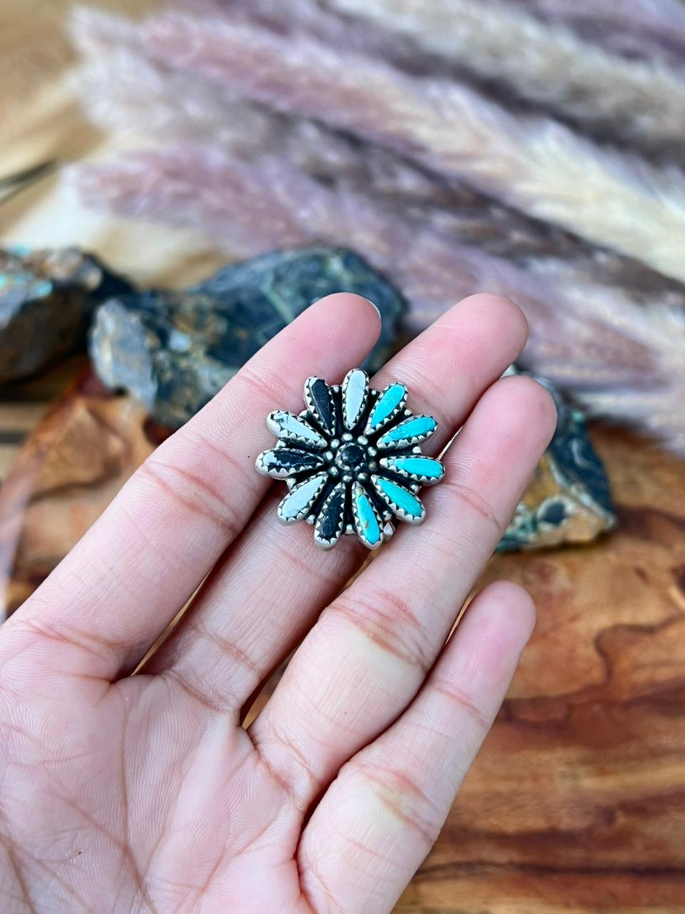 Handmade Sterling Silver Kingman Turquoise with White Buffalo Adjustable Ring "Signed Nizhoni"