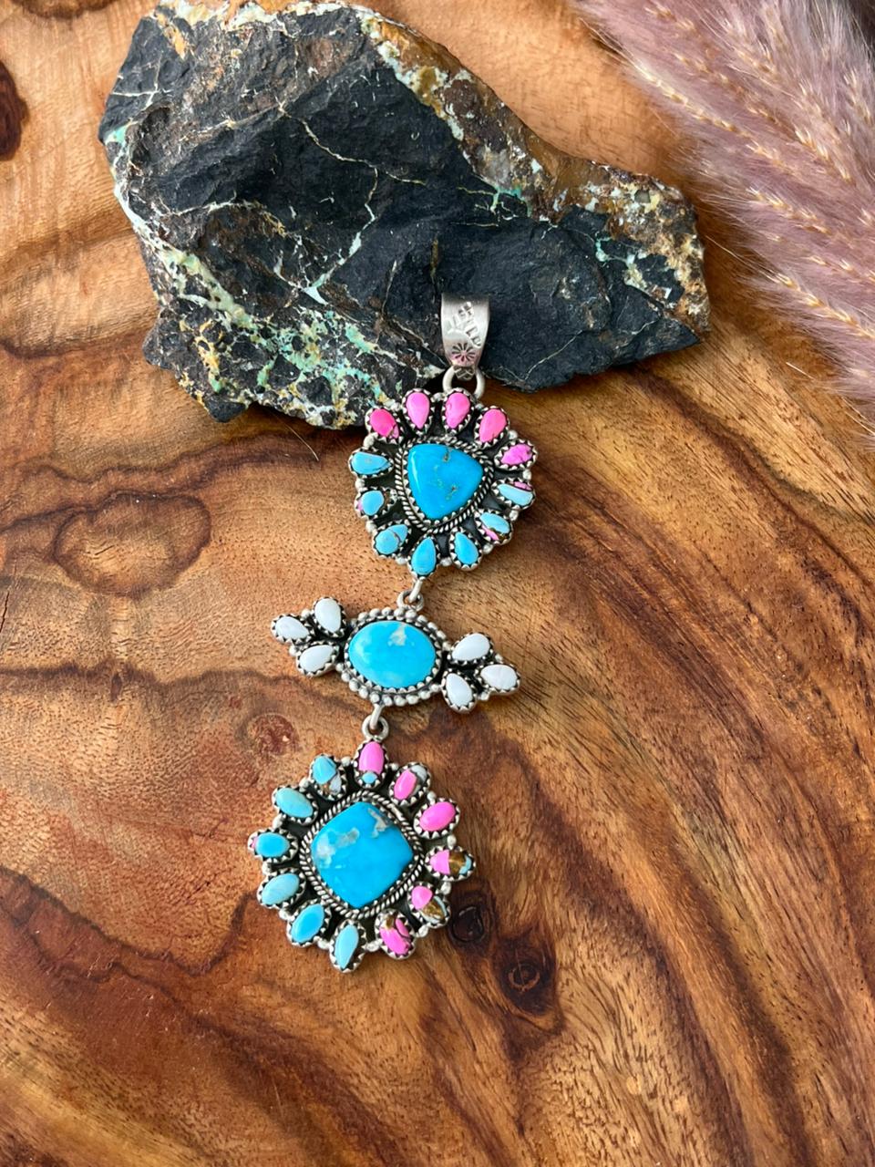 Handmade Sterling Silver Sierra Bella Turquoise with Cotton Candy Collection: Pendant "Signed Nizhoni"