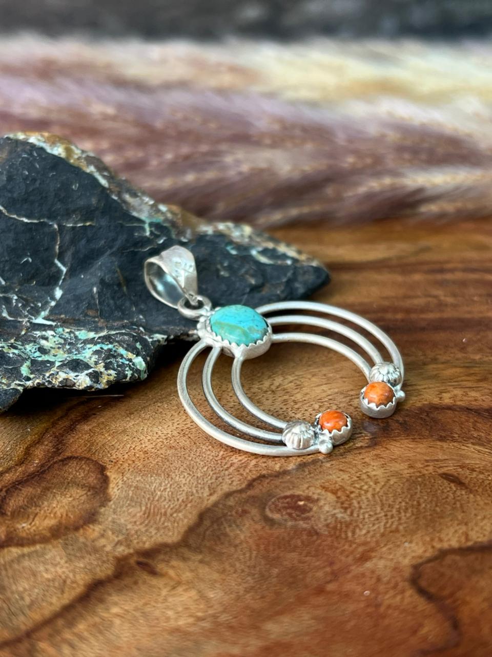 Handmade Sterling Silver Kingman Turquoise with Orange Mojave Pendant "Signed Nizhoni"