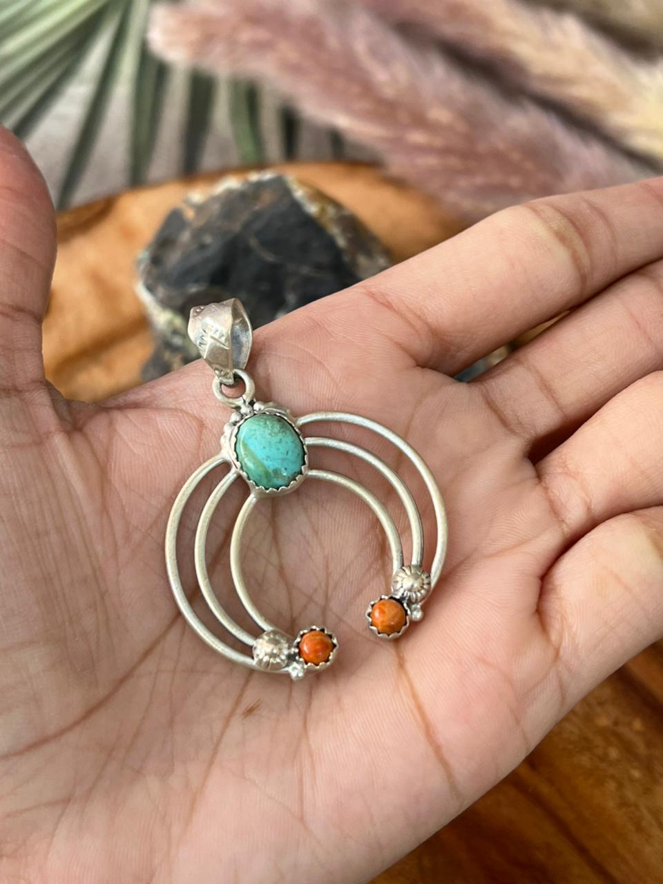 Handmade Sterling Silver Kingman Turquoise with Orange Mojave Pendant "Signed Nizhoni"