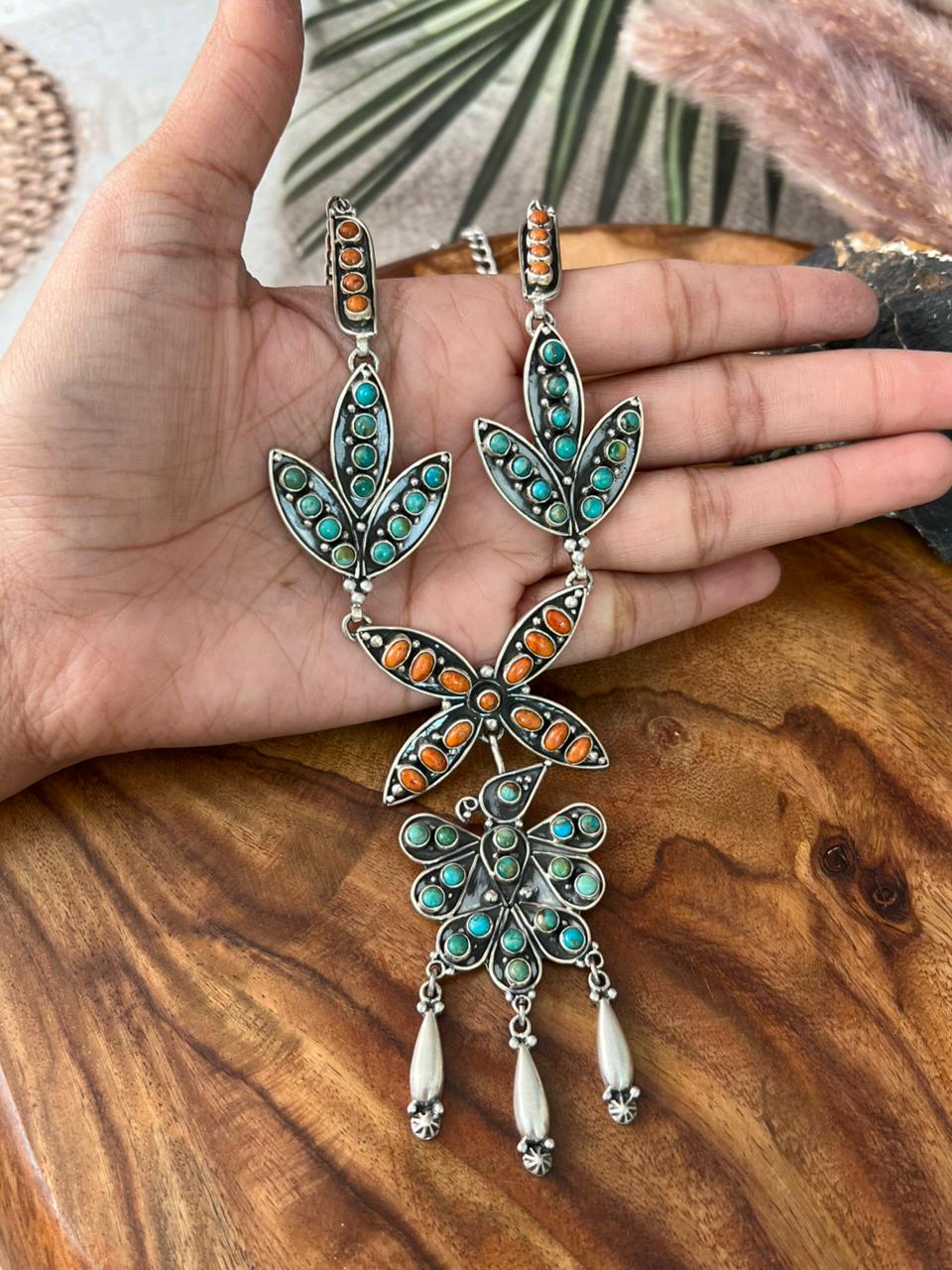 Handmade Sterling Silver Kingman Turquoise with Orange Mojave Necklace "Signed Nizhoni"