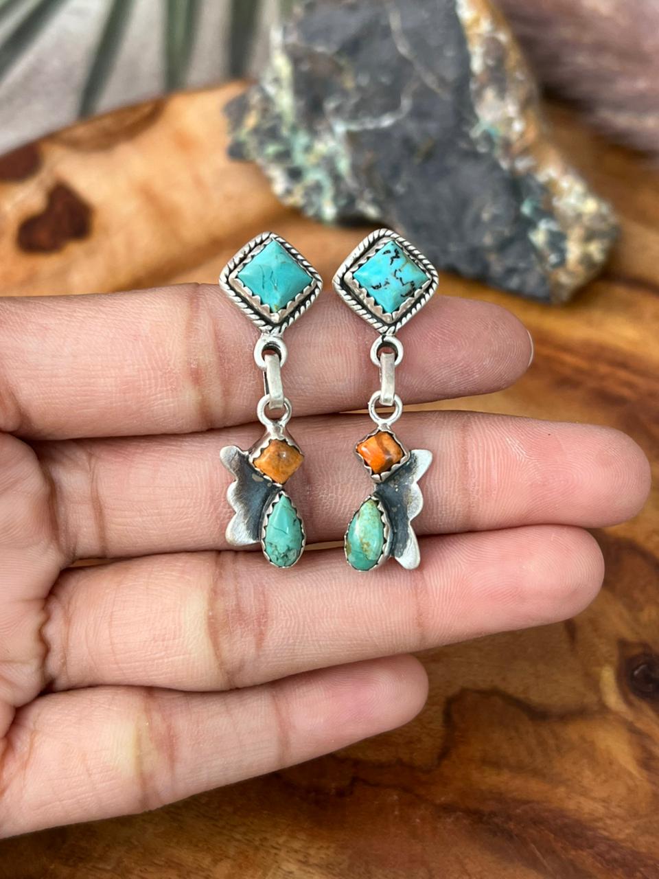 Handmade Sterling Silver Kingman Turquoise with Bumblebee Post Dangle Earrings "Signed Nizhoni"