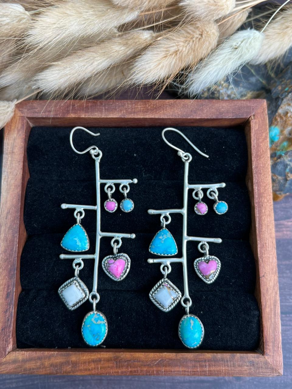 Handmade Sterling Silver Sierra Bella Turquoise with Cotton Candy Collection: Hook Dangle Earrings "Signed Nizhoni"