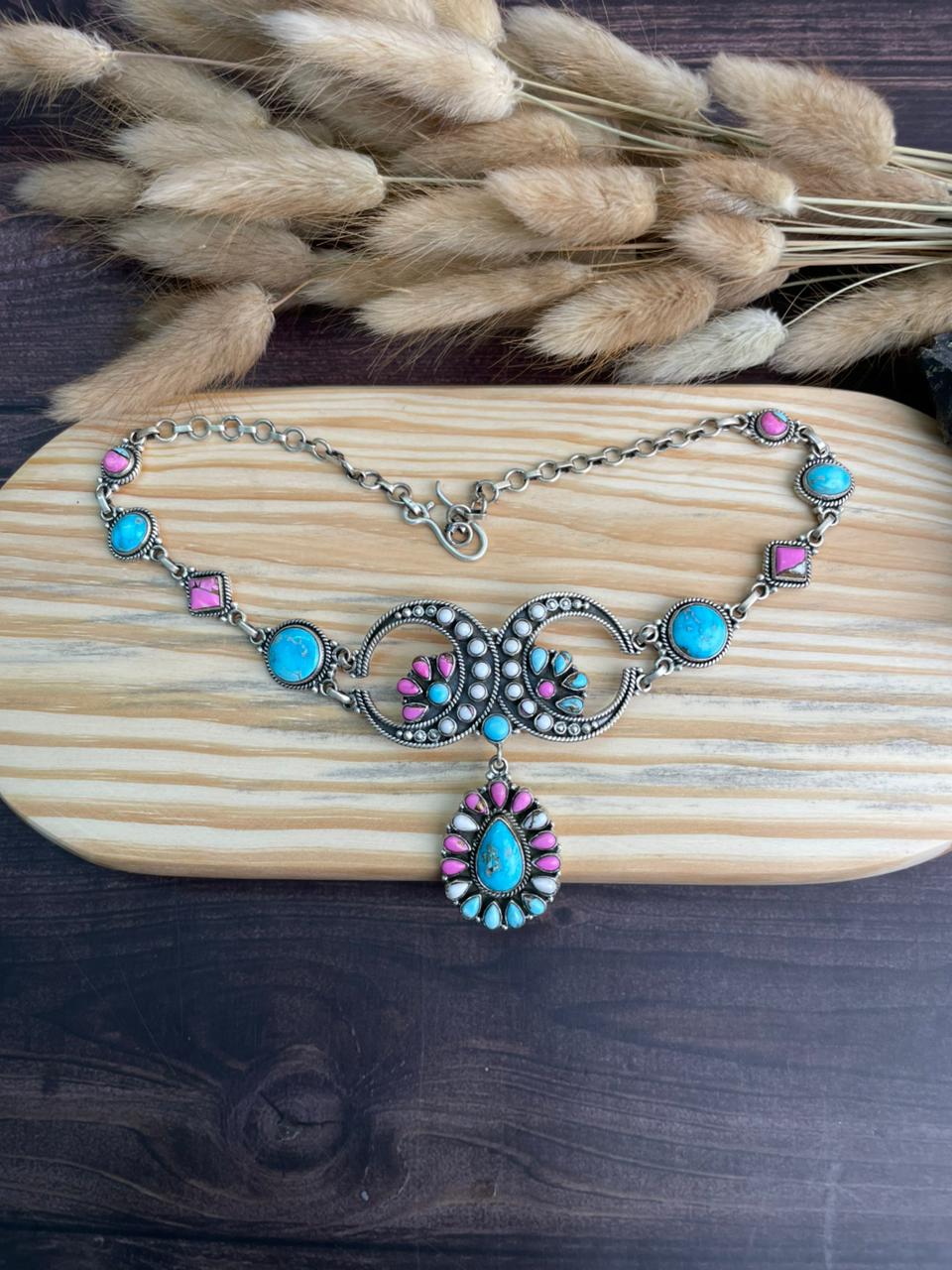 Handmade Sterling Silver Sierra Bella Turquoise with Cotton Candy Collection: Choker Necklace "Signed Nizhoni"