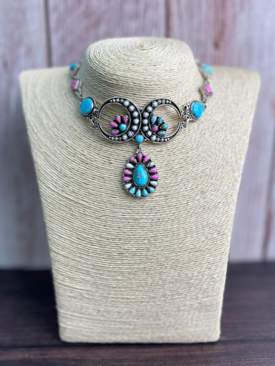 Handmade Sterling Silver Sierra Bella Turquoise with Cotton Candy Collection: Choker Necklace "Signed Nizhoni"