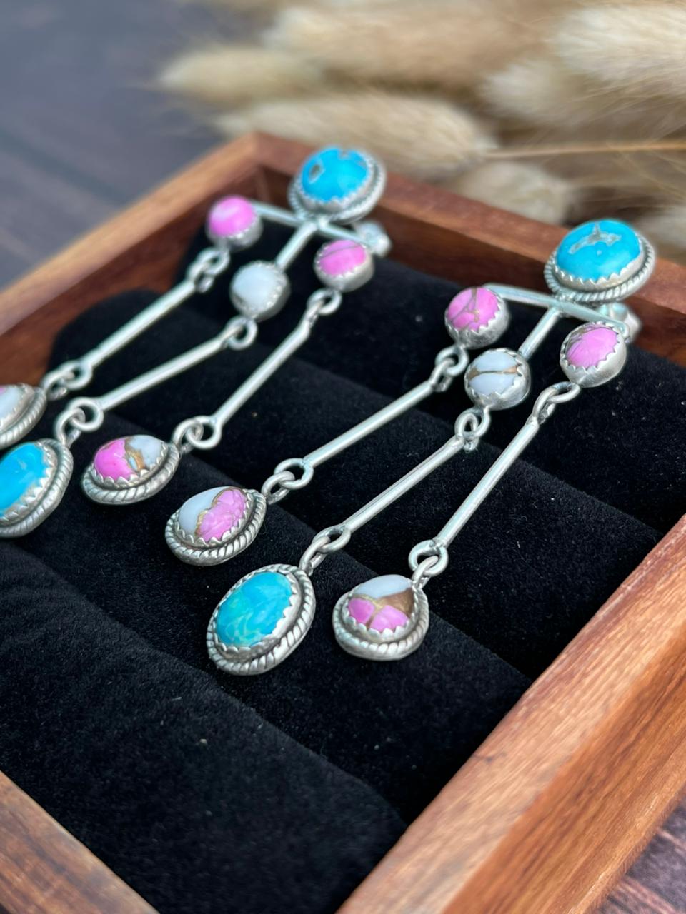 Handmade Sterling Silver Sierra Bella Turquoise with Cotton Candy Collection: Post Dangle Earrings "Signed Nizhoni"