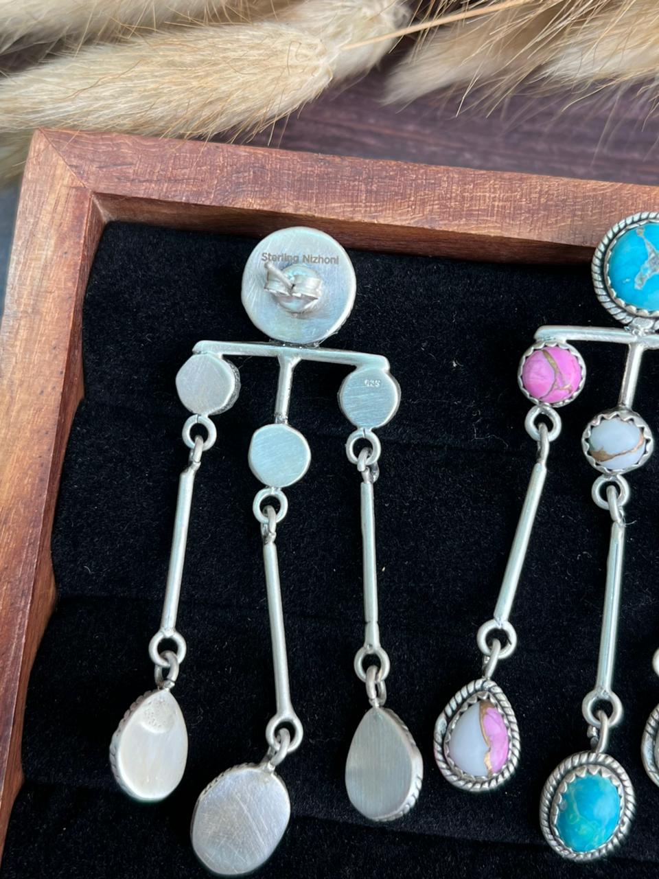 Handmade Sterling Silver Sierra Bella Turquoise with Cotton Candy Collection: Post Dangle Earrings "Signed Nizhoni"
