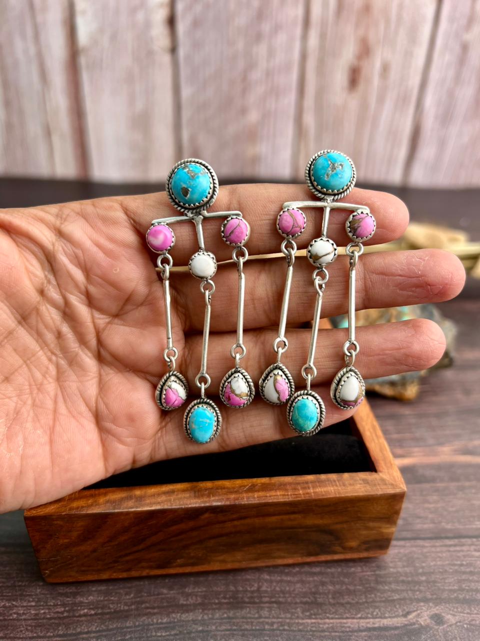 Handmade Sterling Silver Sierra Bella Turquoise with Cotton Candy Collection: Post Dangle Earrings "Signed Nizhoni"