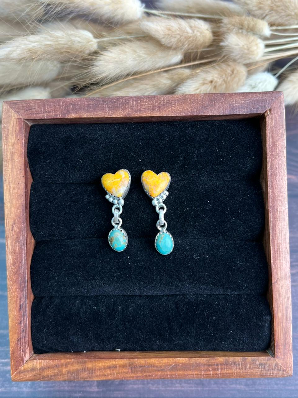 Handmade Sterling Silver Kingman Turquoise with Bumblebee Post Dangle Heart Earrings "Signed Nizhoni"