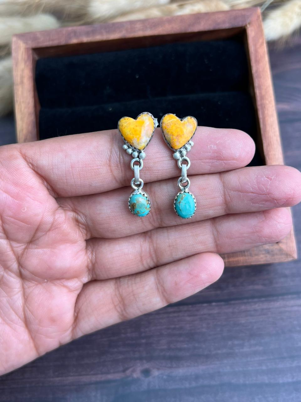Handmade Sterling Silver Kingman Turquoise with Bumblebee Post Dangle Heart Earrings "Signed Nizhoni"