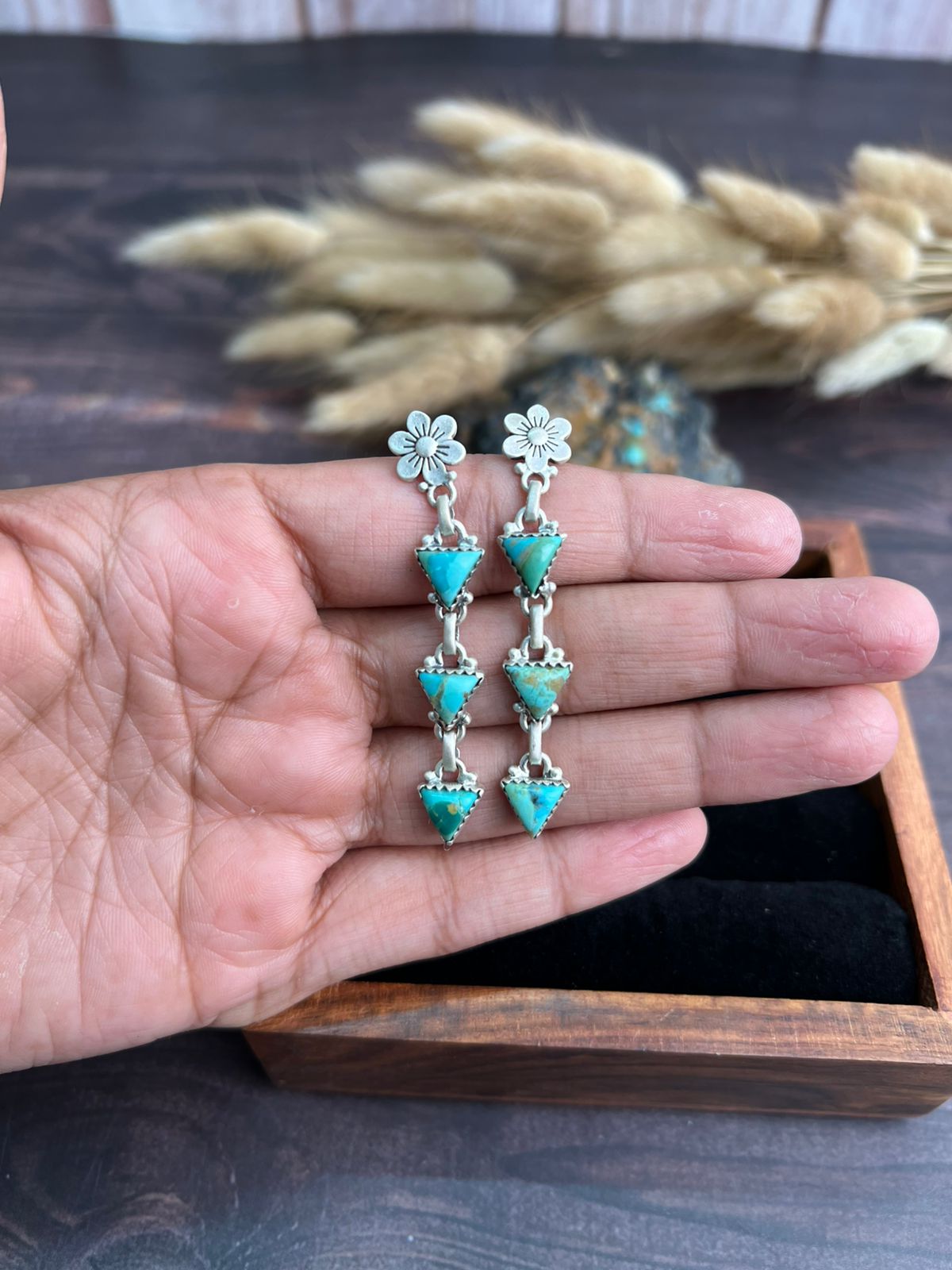 Handmade Sterling Silver Kingman Turquoise Post Dangle Earrings "Signed Nizhoni"