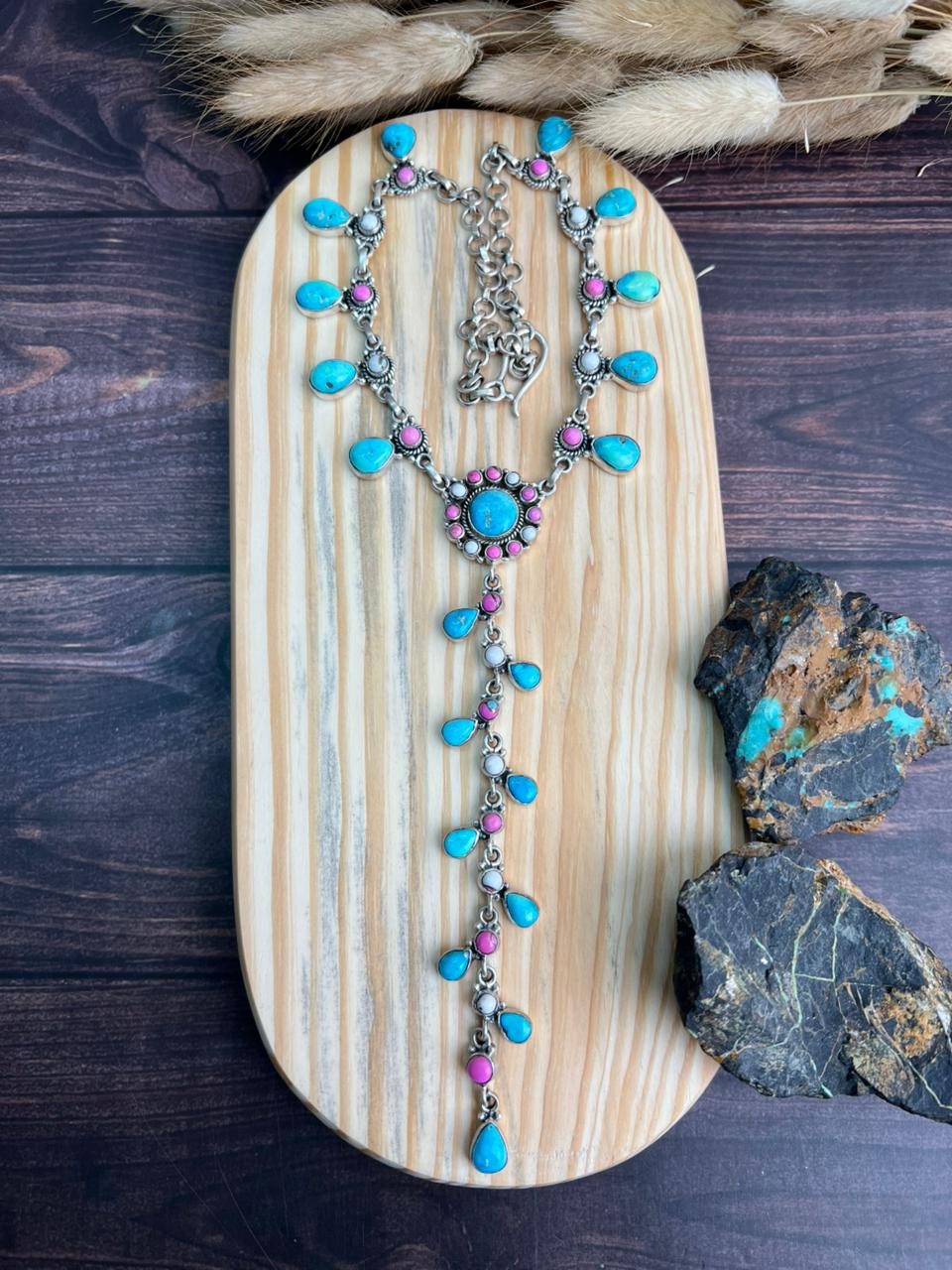 Handmade Sterling Silver Sierra Bella Turquoise with Cotton Candy Collection: 'Y Shaped' Drop Necklace "Signed Nizhoni"
