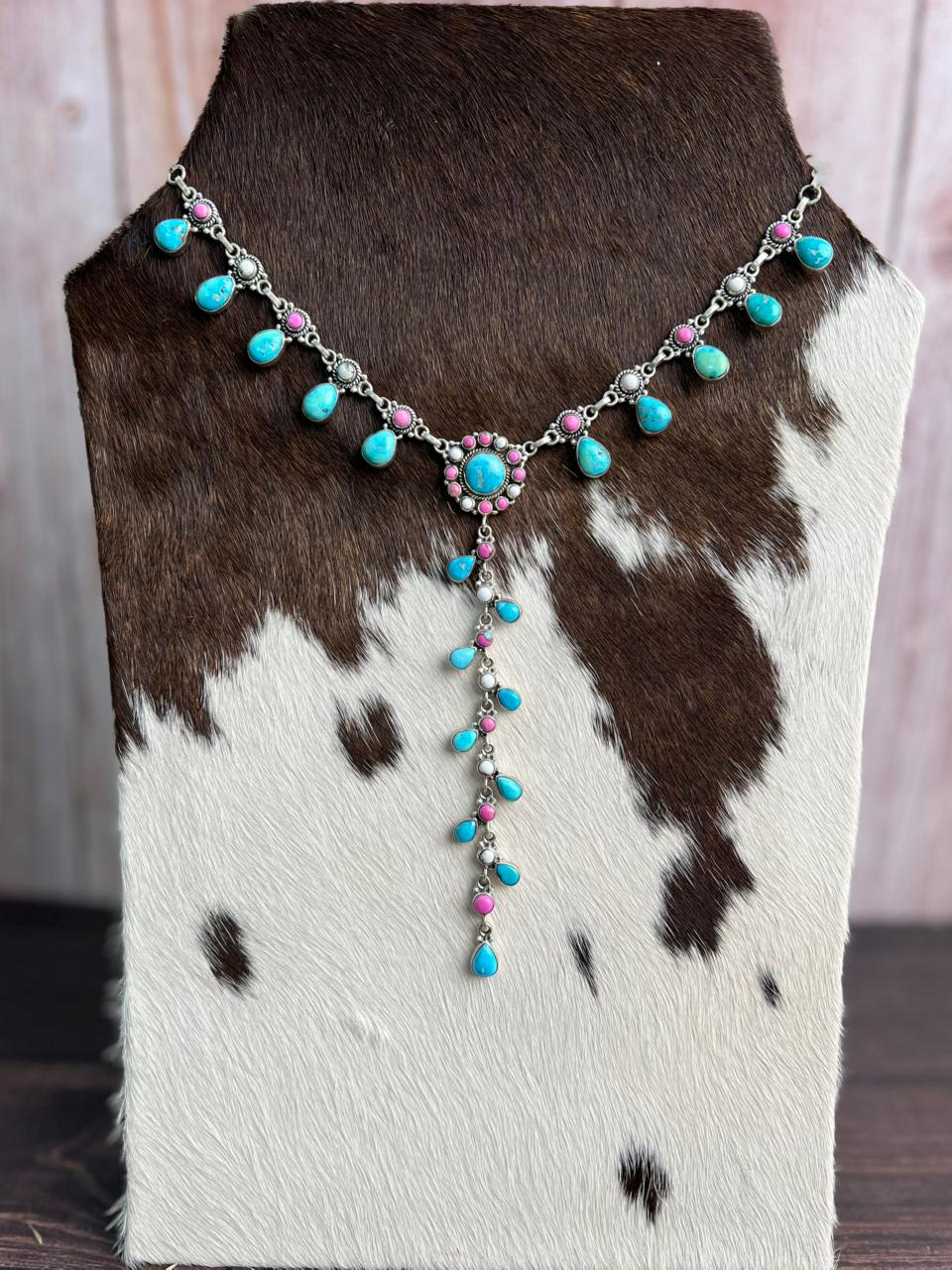 Handmade Sterling Silver Sierra Bella Turquoise with Cotton Candy Collection: 'Y Shaped' Drop Necklace "Signed Nizhoni"