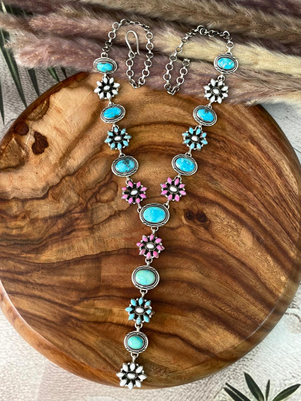 Handmade Sterling Silver Sierra Bella Turquoise with Cotton Candy Collection: 'Y Shaped' Drop Necklace "Signed Nizhoni"