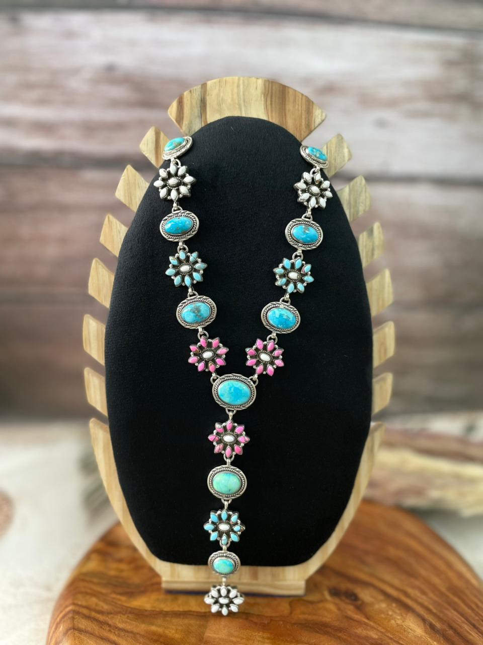 Handmade Sterling Silver Sierra Bella Turquoise with Cotton Candy Collection: 'Y Shaped' Drop Necklace "Signed Nizhoni"