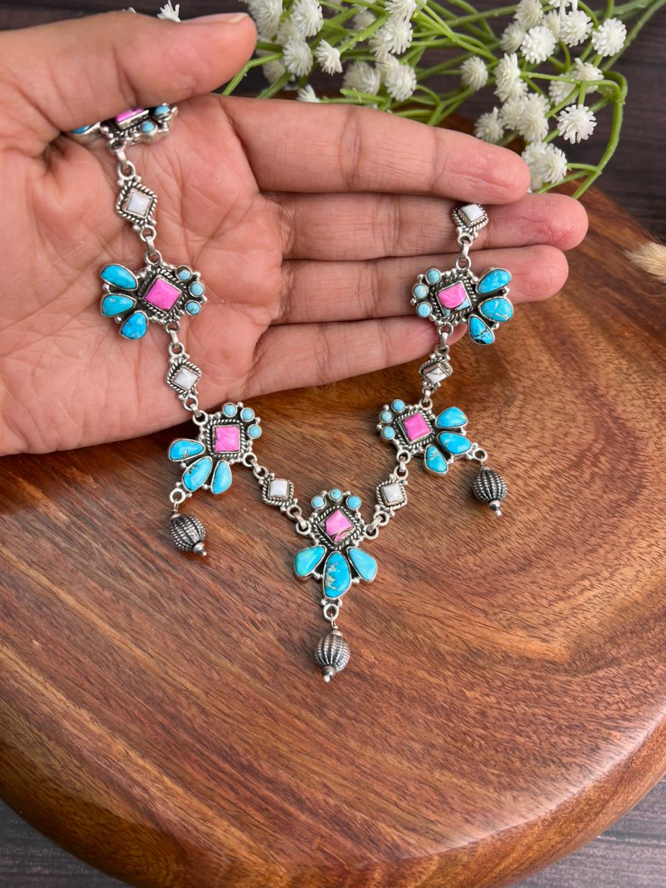 Handmade Sterling Silver Sierra Bella Turquoise with Cotton Candy Collection: Beaded Necklace "Signed Nizhoni"