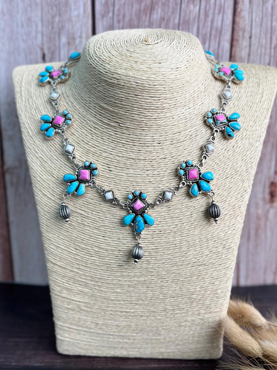 Handmade Sterling Silver Sierra Bella Turquoise with Cotton Candy Collection: Beaded Necklace "Signed Nizhoni"