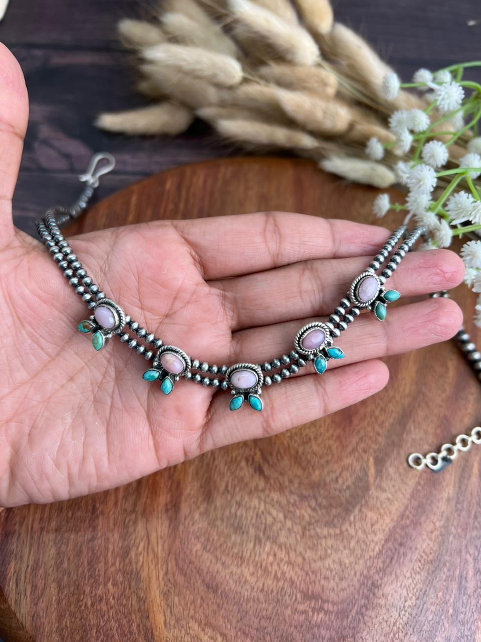 Handmade Sterling Silver Kingman Turquoise with Pink Opal Beaded Necklace "Signed Nizhoni"
