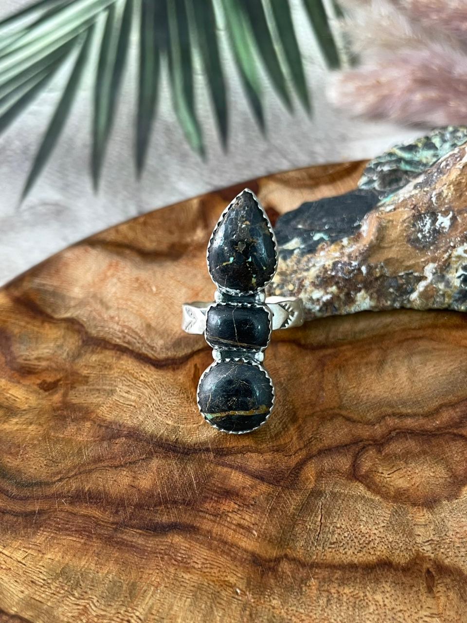 Handmade Sterling Silver Blackjack Turquoise Adjustable Ring "Signed Nizhoni"