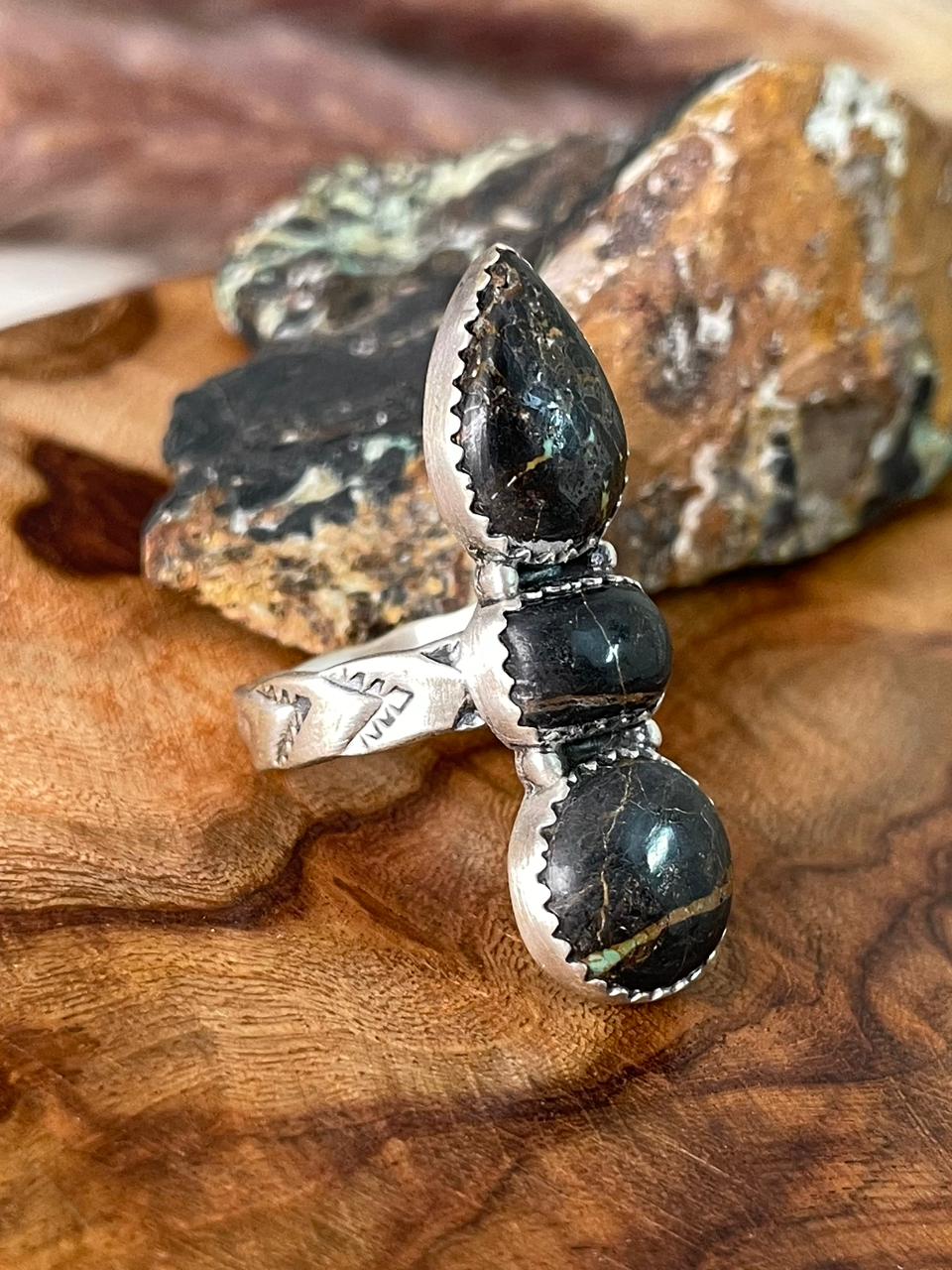 Handmade Sterling Silver Blackjack Turquoise Adjustable Ring "Signed Nizhoni"