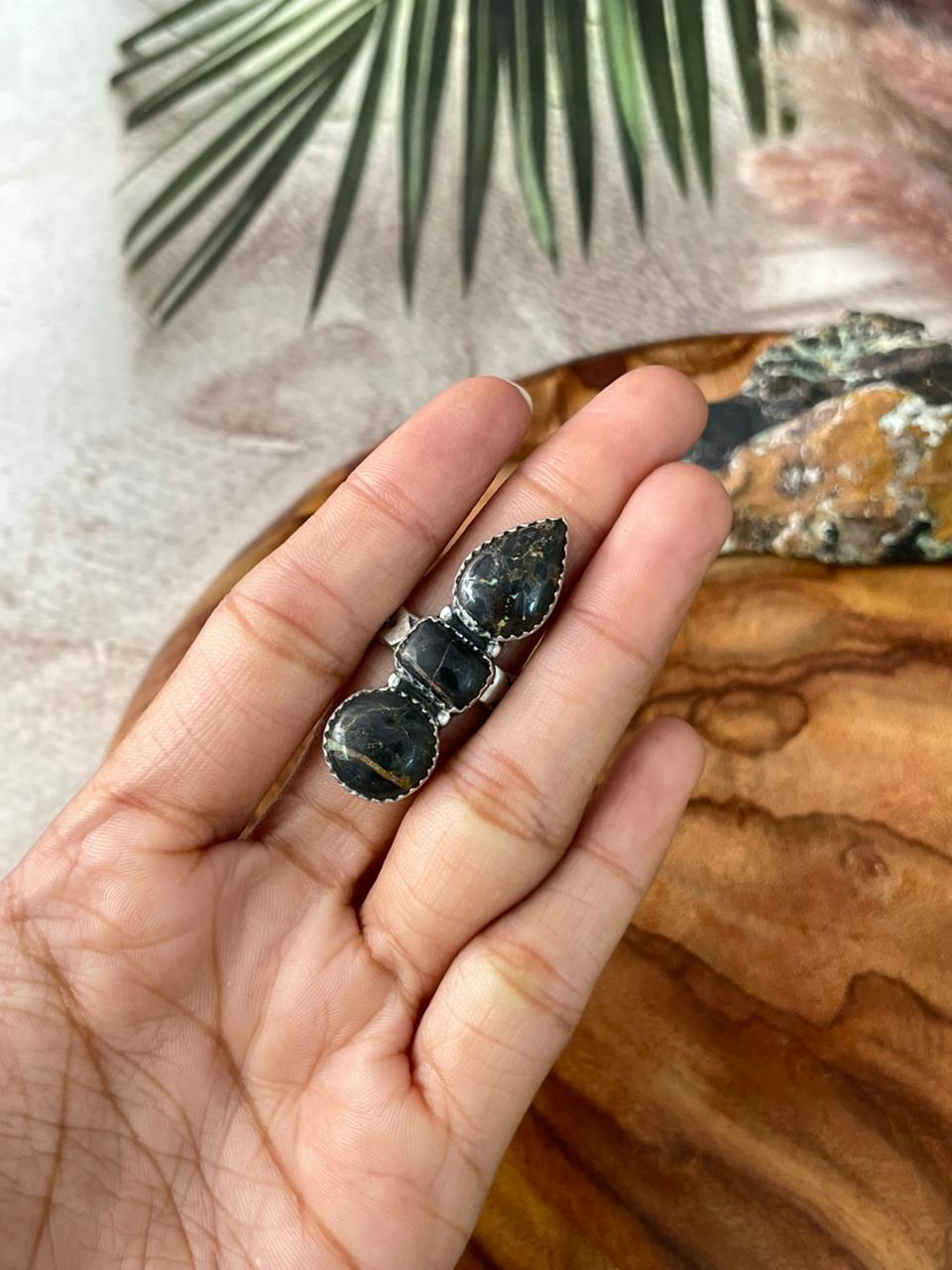 Handmade Sterling Silver Blackjack Turquoise Adjustable Ring "Signed Nizhoni"