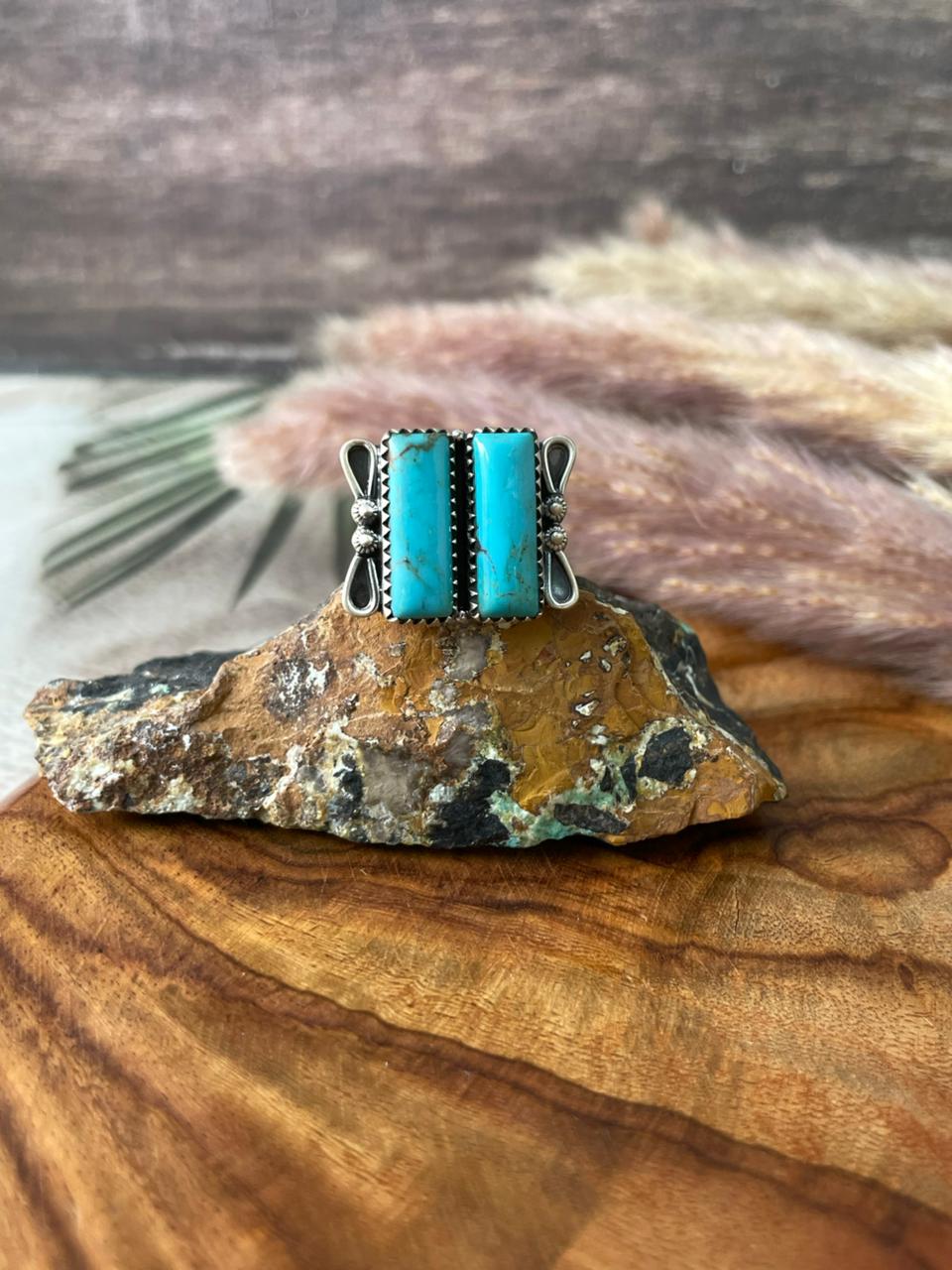 Handmade Sterling Silver Blue Kingman Turquoise Adjustable Ring "Signed Nizhoni"
