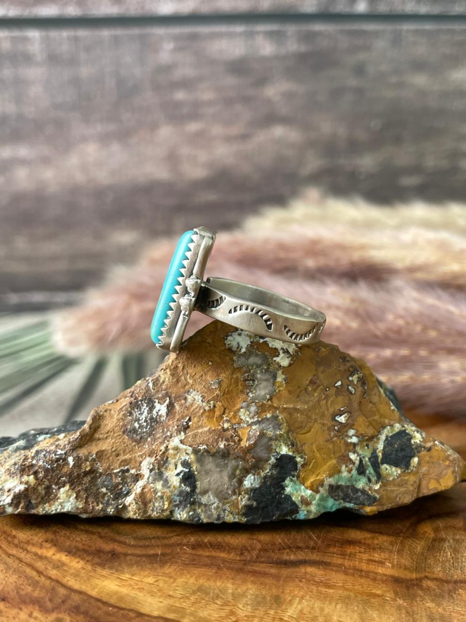 Handmade Sterling Silver Blue Kingman Turquoise Adjustable Ring "Signed Nizhoni"