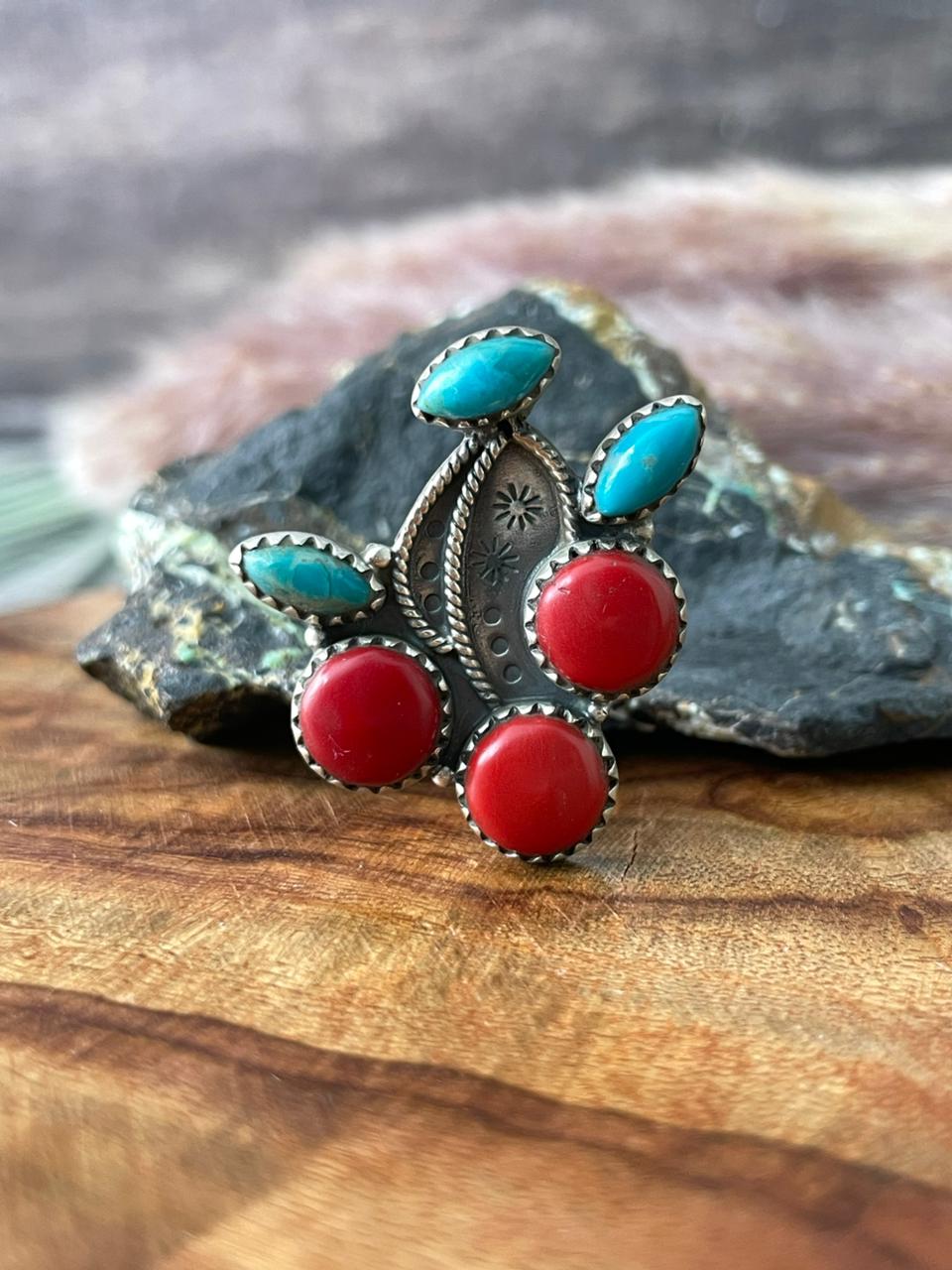 Handmade Sterling Silver Kingman Turquoise with Rosarita Adjustable Cherry Ring "Signed Nizhoni"