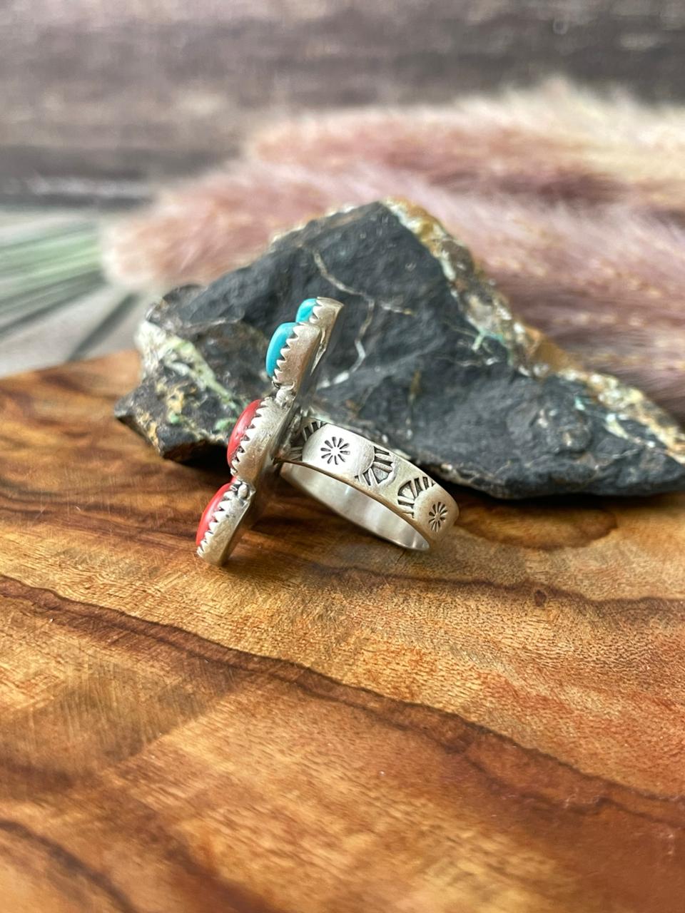 Handmade Sterling Silver Kingman Turquoise with Rosarita Adjustable Cherry Ring "Signed Nizhoni"