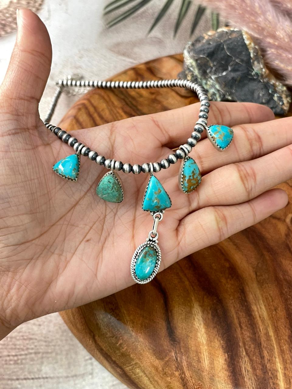 Handmade Sterling Silver Santa Maria Turquoise Beaded Necklace "Signed Nizhoni"