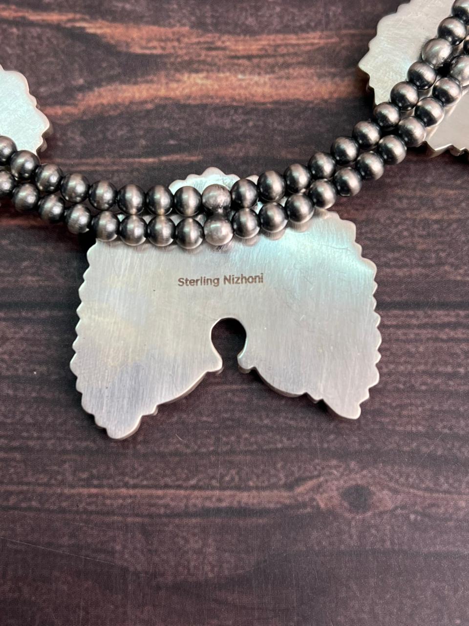 Handmade Sterling Silver Sierra Bella Turquoise with Cotton Candy Collection: Beaded Squash Blossom Necklace "Signed Nizhoni"