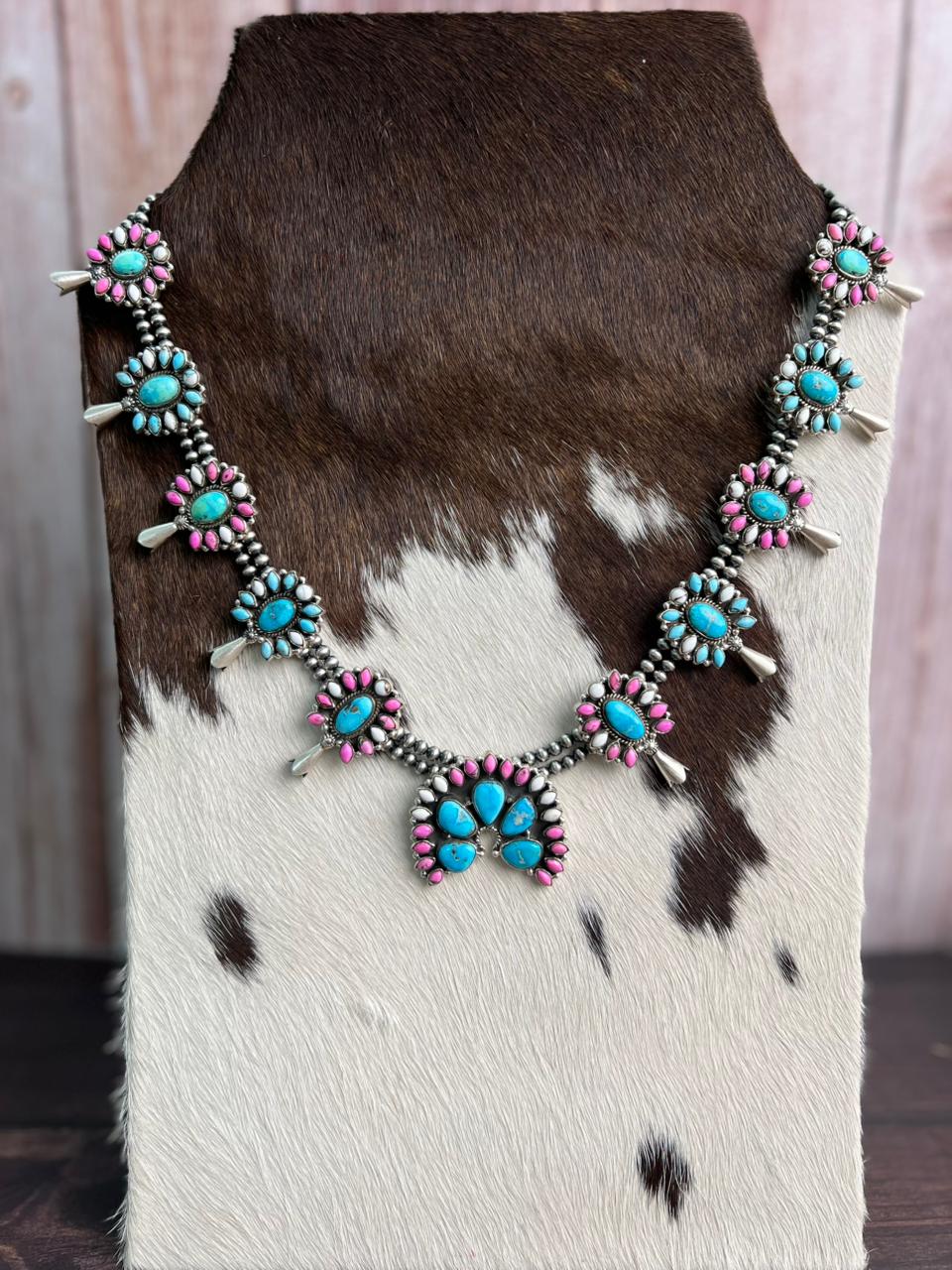 Handmade Sterling Silver Sierra Bella Turquoise with Cotton Candy Collection: Beaded Squash Blossom Necklace "Signed Nizhoni"