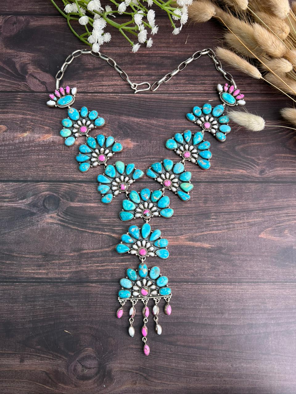 Handmade Sterling Silver Sierra Bella Turquoise with Cotton Candy Collection: Necklace "Signed Nizhoni"